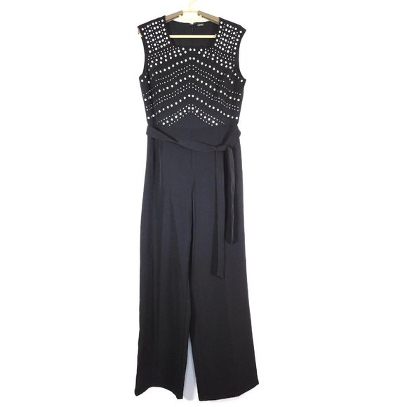 Tahari Pants - Tahari Womens Sleeveless Jumpsuit Size 8 Black Jeweled Top Full Length Self Belt